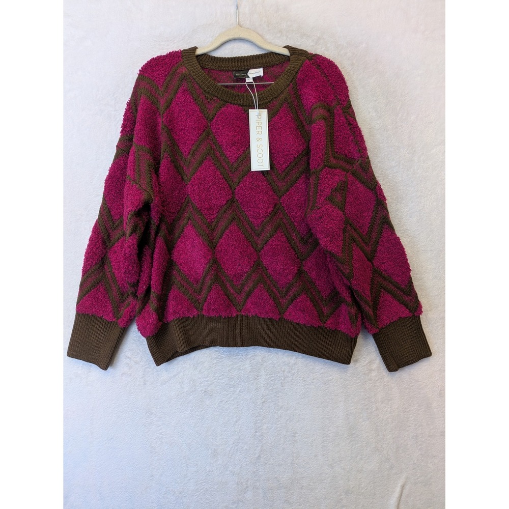 Piper & Scoot Women's Size L Argyle Fuzzy Knit‎ Sweater Pink Brown NWT